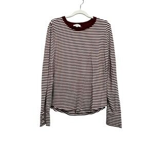 Women's EVEREVE  Burgundy Stripe Long Sleeve Crew Neck Button Sleeve Top Large